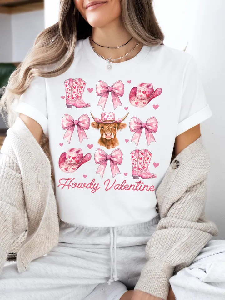Howdy Valentine Coquette png, Valentines Cow print png, Valentines Sublimation PNG, Pink Cowgirl png, Vday shirt designs, Coquette bow png