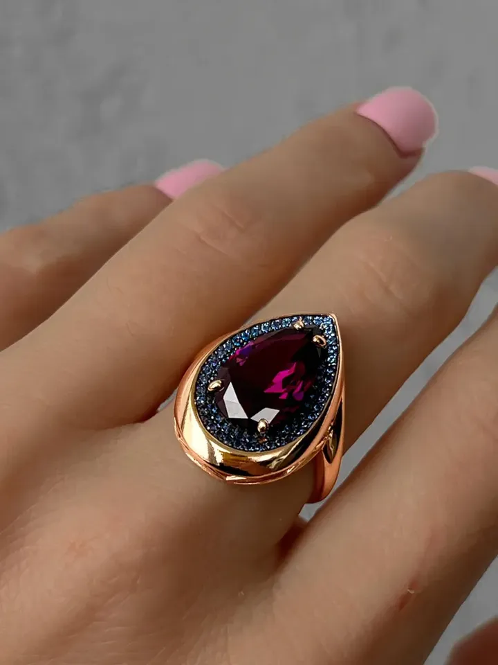 Ring silver 925 gold plated with amethyst and sapphire