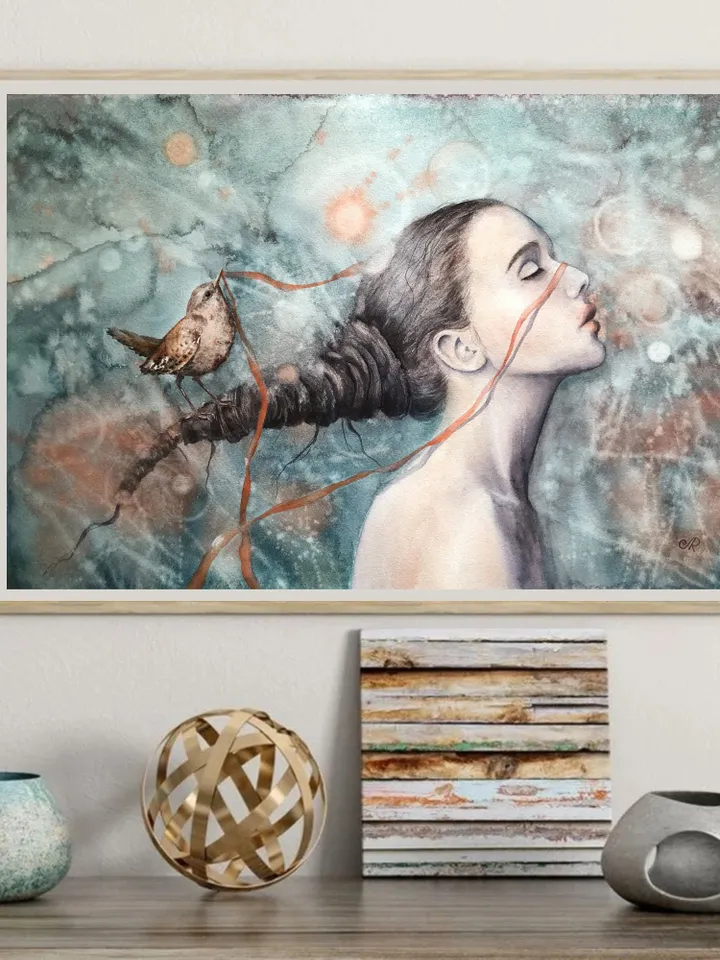 Woman Painting Original Woman with Bird Artwork Girl Watercolor Painting