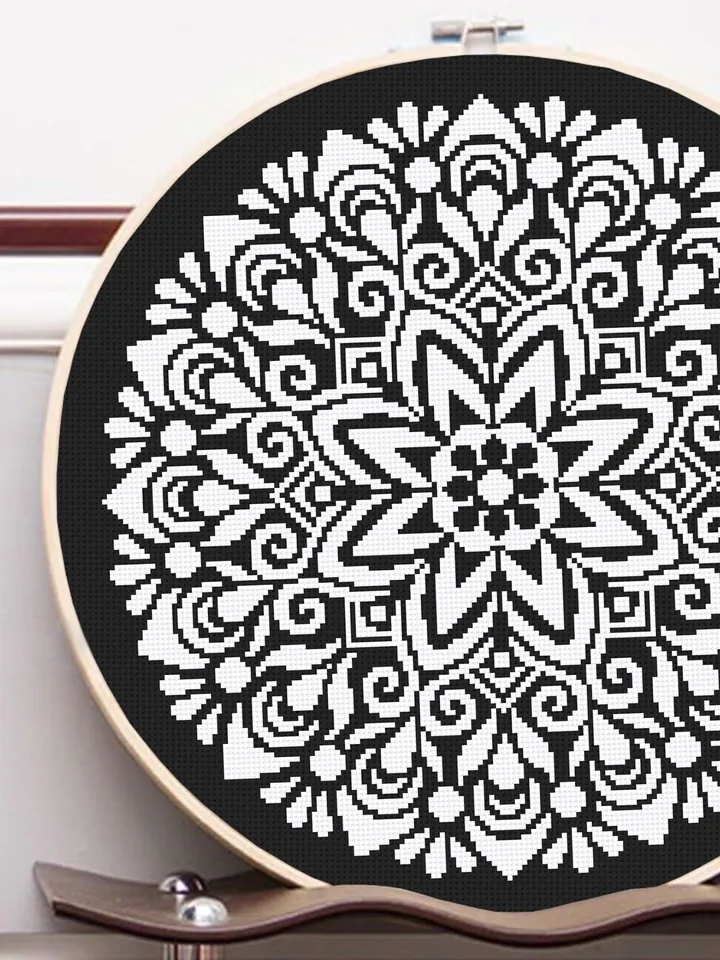 Monochrome mandala cross stitch pattern PDF instant download Mandala ornament cross stitch chart, Flower mandala pattern digital PDF #M175