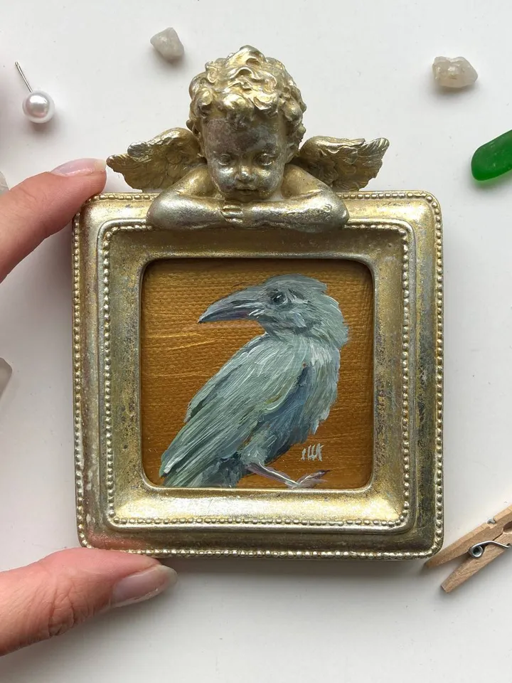 Framed Albino Raven Painting Small Original Witch’s Friend Artwork Crow Art Tiny Oil Painting Bird