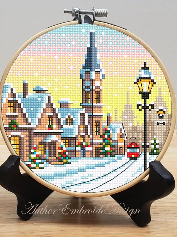 Christmas city cross stitch pattern PDF download Winter landscape cross stitch, Christmas pattern digital PDF, Snow pattern beginner #N178