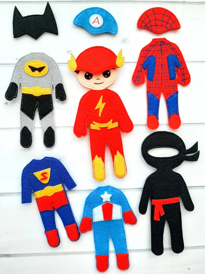 Superhero felt doll pattern with wardrobe, Boy Felt Doll with sets of clothes pattern, Felt Pattern pdf for boys 2,3,4,5 year old