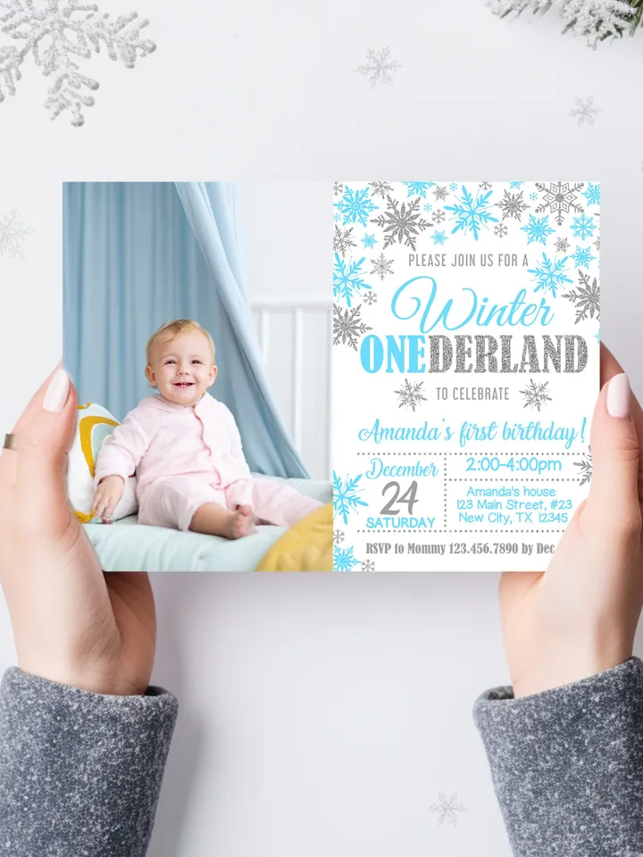 Winter Onederland Invitation Girl 1st Birthday Invitation, Winter Wonderland Birthday Invitation, First Birthday Snowflake Editable Template
