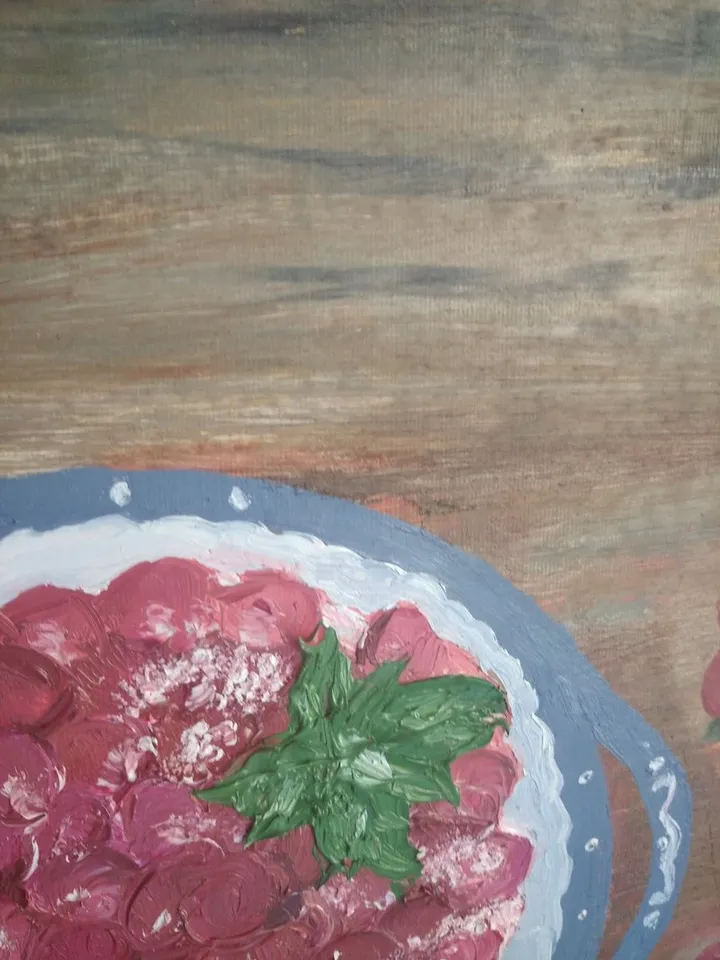 Still life with fruits, plate with cranberries in sugar on wooden table, painting for kitchen, canvas 18x14 inches