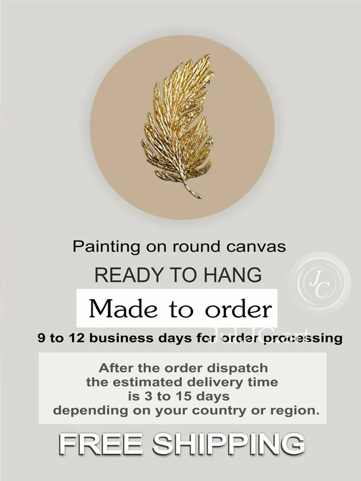 Gold Feather Abstract Painting Gold and Beige Wall Art on a round canvas Textured Artwork Modern wall decor