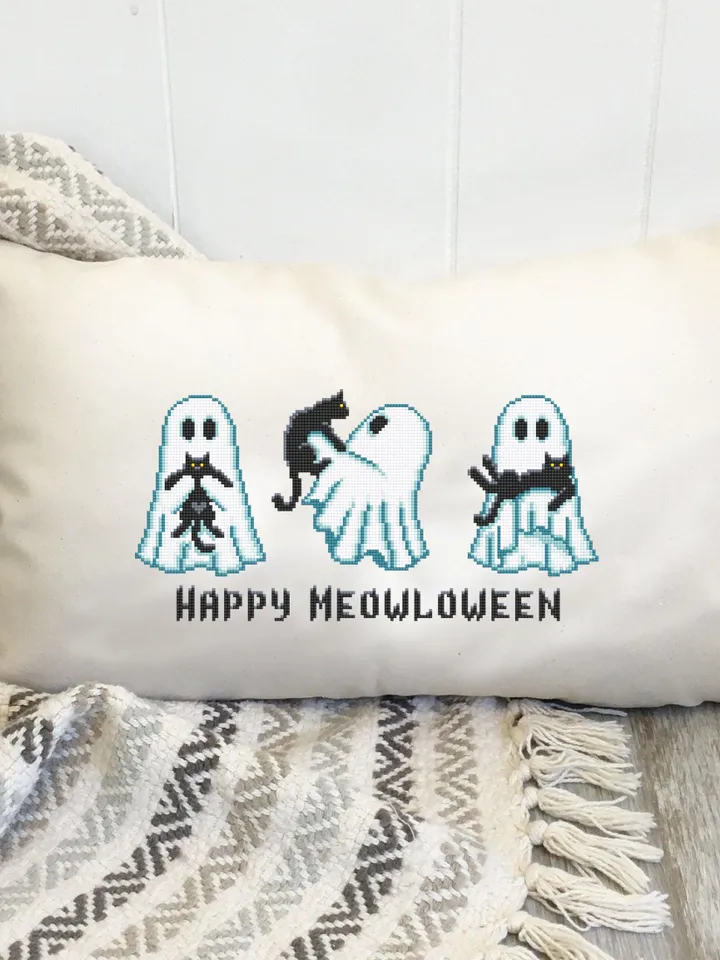 Ghost with black cat cross stitch pattern PDF download Happy Meowloween, Cute ghost cross stitch chart, Halloween pattern digital PDF #H90