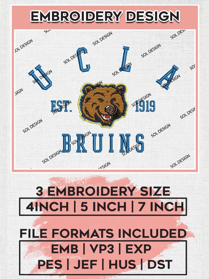 UCLA Bruins Est 1919 Logo Embroidery Designs, NCAA UCLA Bruins Team Embroidery, NCAA Team Logo, 3 sizes, Machine embroidery Files, Digital Download