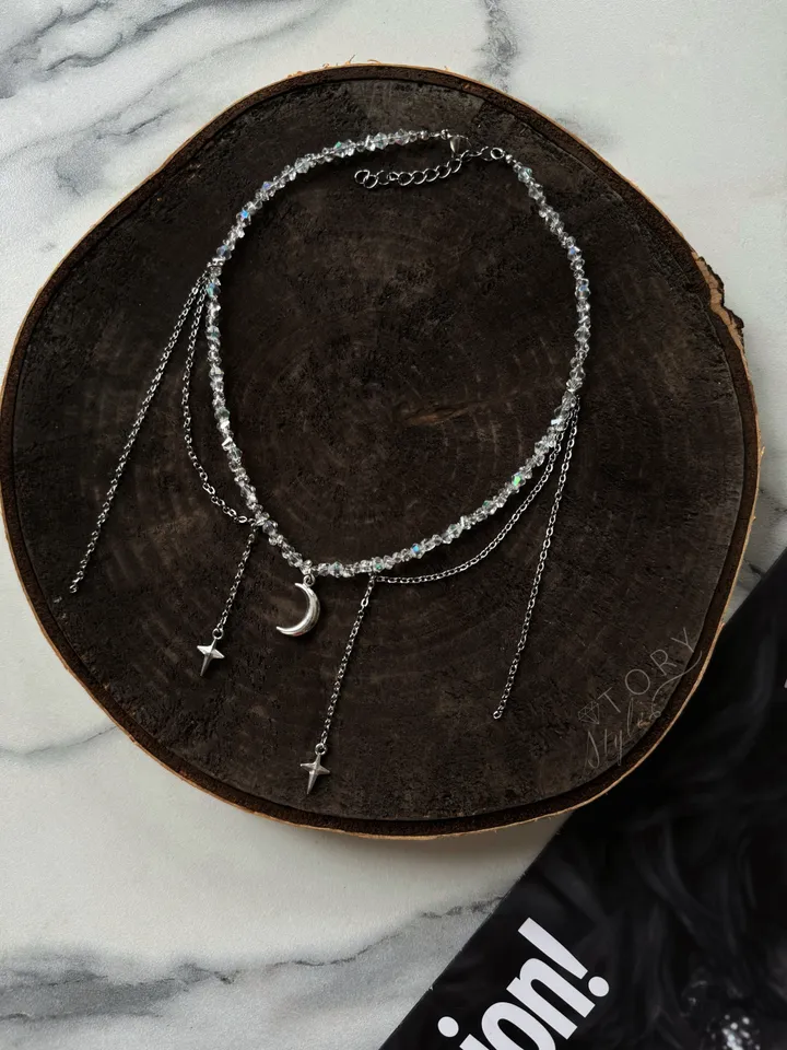 Chain necklace, Choker with a chain and a moon pendant, a necklace with a crescent moon, Silver Choker, Layer Link necklace, Multi Strand necklace