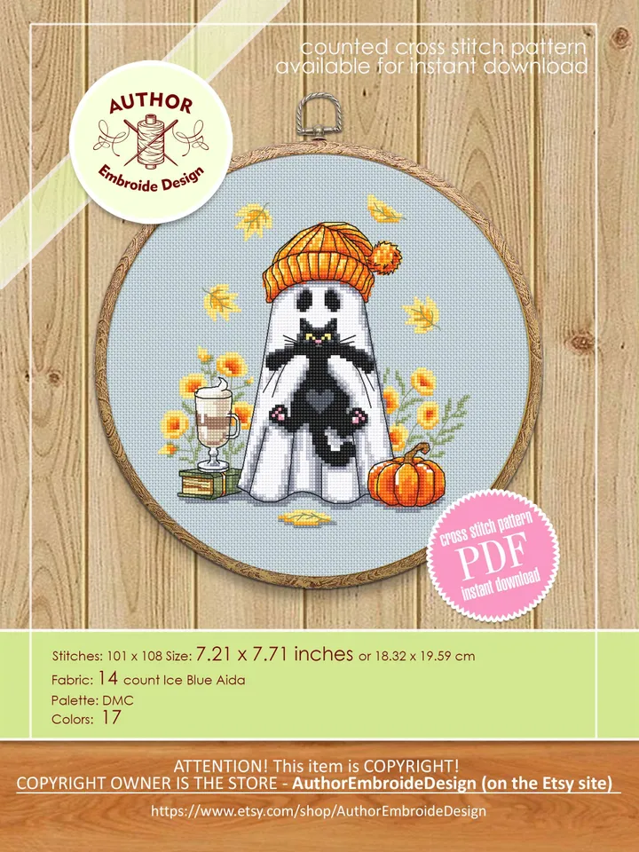 Ghost with black cat cross stitch pattern PDF download Cute ghost cross stitch chart, Halloween pattern digital PDF, Fall leaves #H87