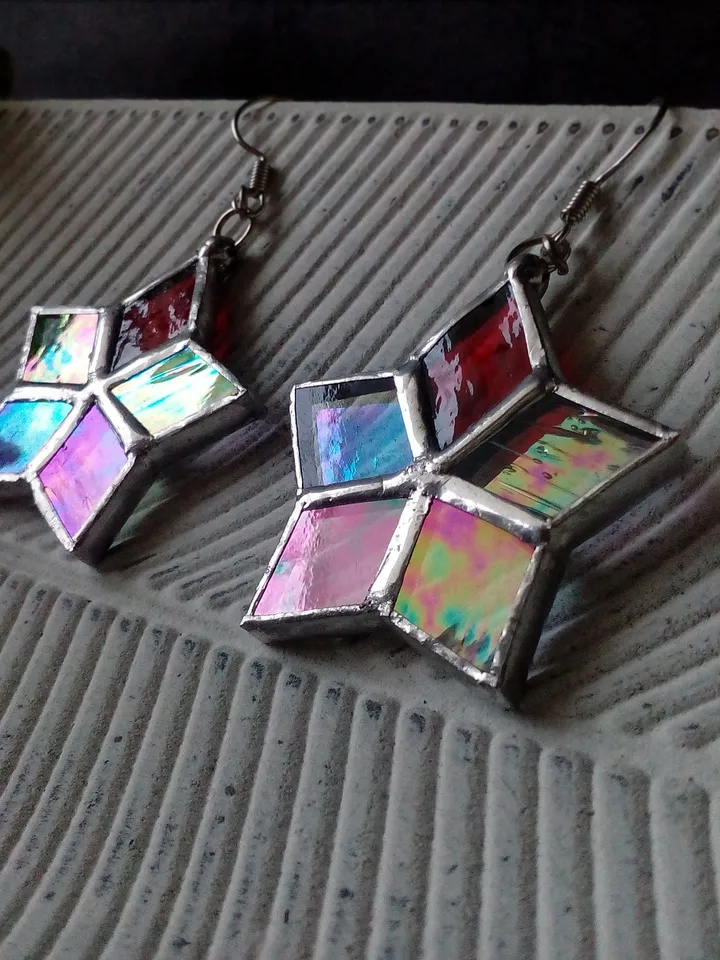 Star drop earrings, flower dangle earrings, geometric earrrings, Iridescent drop earrings, simple stained glass