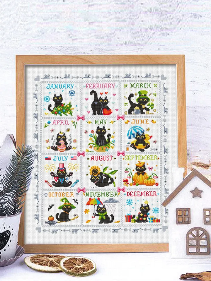 Funny cat calendar cross stitch pattern PDF download Black cat cross stitch chart, Cute cat pattern digital PDF, Cat holiday cards #K60