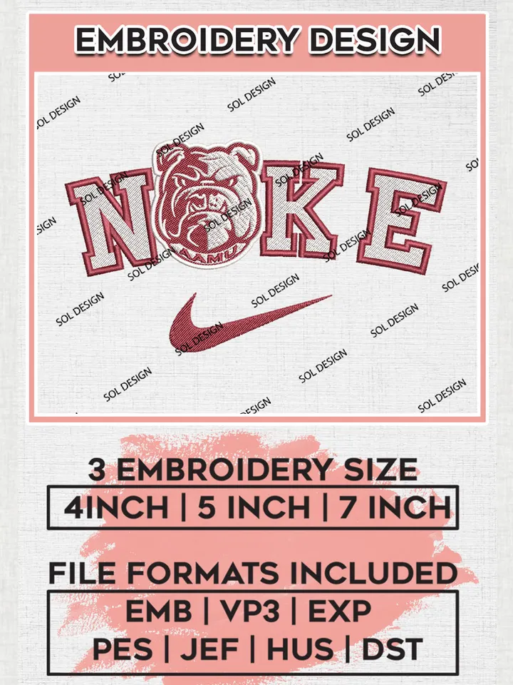 Nike Alabama AM Bulldogs Machine Embroidery Design, NCAA Alabama AM Bulldogs Embroidery Design files, NCAA Embroidery Designs, NCAA Machine Embroidery Designs, Digital Download