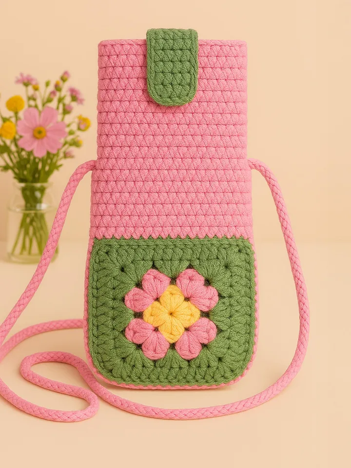 Granny Square Flower Crochet Phone Bag PDF Pattern – Cute Pink Green Crossbody Pouch Tutorial – DIY Floral Mobile Purse Pattern