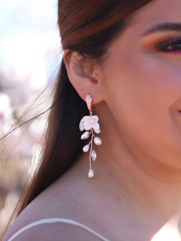 Long Boho Wedding Earrings, Delicate Porcelain Flowers Wedding Earrings, Freshwater Pearl Bridal Earrings, Floral Statement Wedding Jewelry