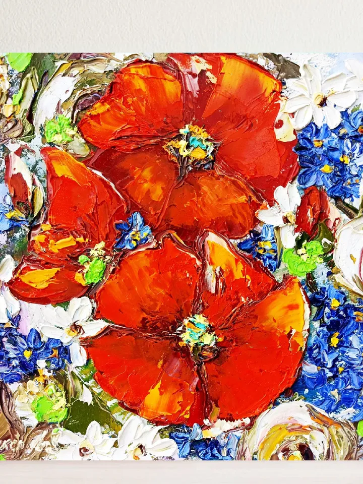 Poppy Painting Daisy Original Art Impasto Oil Painting Small Artwork Forget-me-nots Flower 10 by 10 inches by ArtProkopaloSv