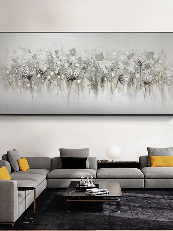 Abstract Blossom Floral Oil Painting on Canvas, Large Original Textured White Grey Poppy Bouquet Acrylic Painting Living Room Wall Art Decor