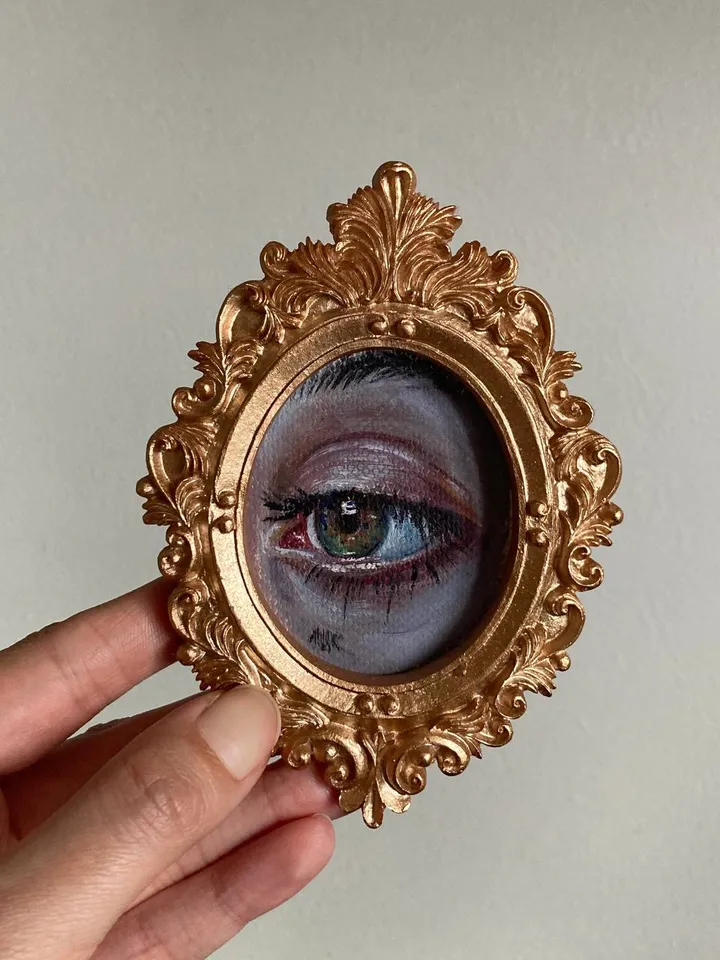 Original Framed Lover's Eye Antique Painting Illustration Vintage Style Small