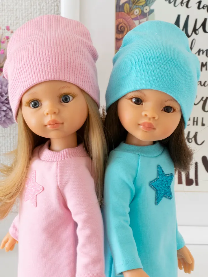 Pink and blue set clothes for Paola Reina doll, Siblies doll, Corolle, cute outfit for 13" doll, dress, hat and leggings