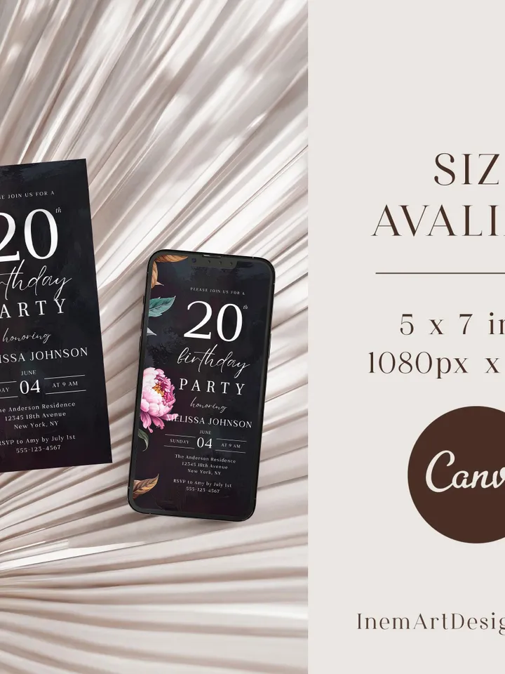 20th Birthday Invitation for women or men – Moody Burgundy & Blush Peony Floral Invitation Elegant Dark Birthday Party Invite Canva Template