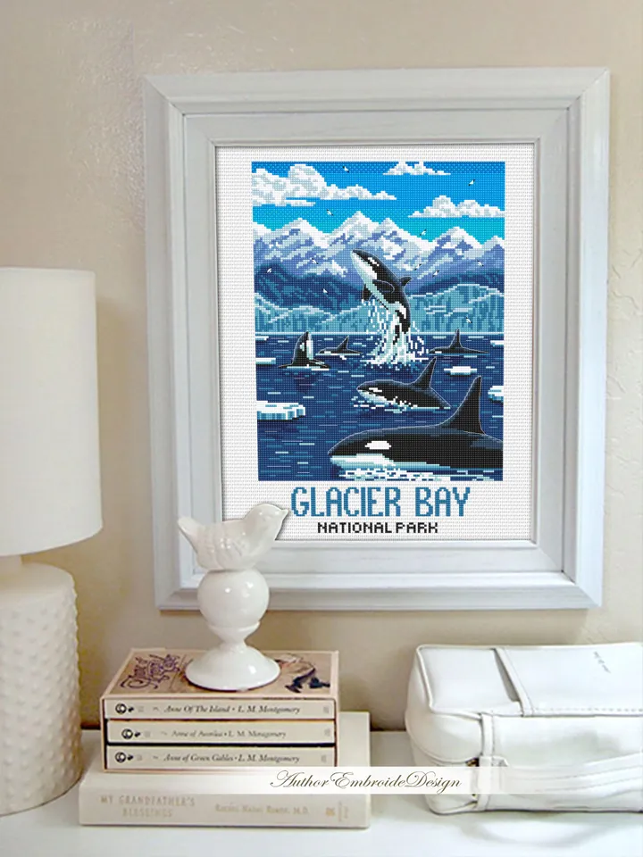 Glacier Bay National Park cross stitch pattern PDF download Killer whale cross stitch chart, Splashing Orcas in Alaska, Travel poster #L102