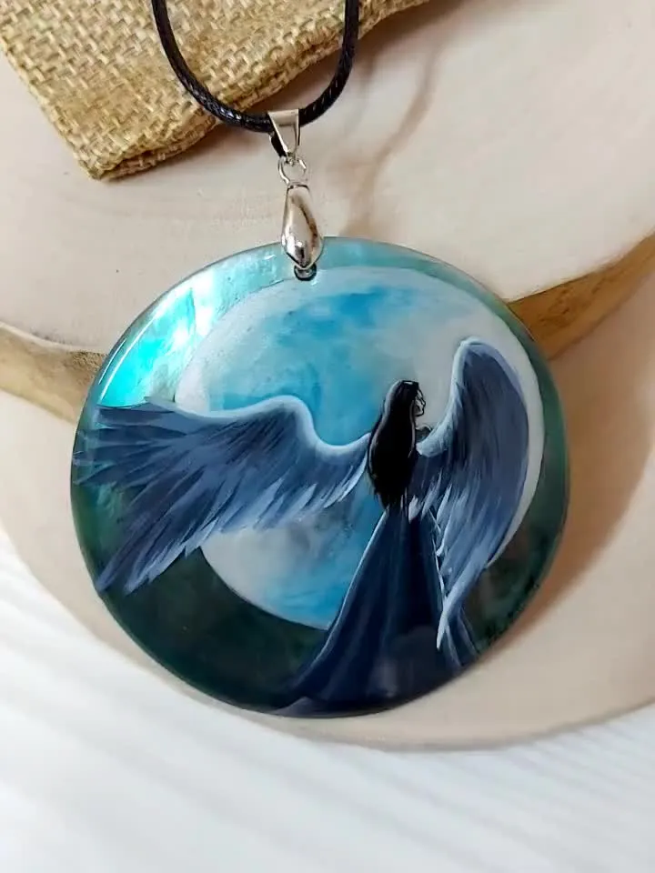 Mother-of-pearl Russian necklace "Angel". Russian lacquer miniature. An elegant gift for Mom. Pendant necklace with Russian hand-painted.