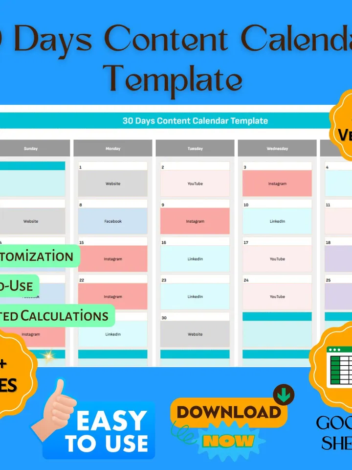 30 Days Content Calendar Template, Monthly Social Media Planner, Google Sheets Marketing Schedule, Digital Post Organizer