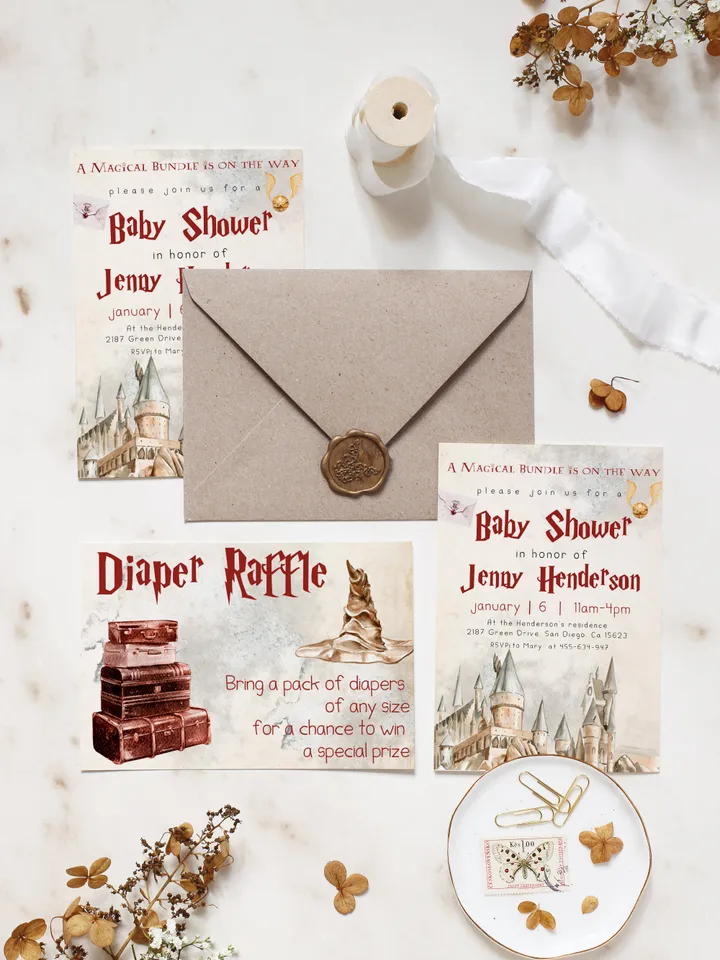 Wizard Baby Shower Invitation; Magic School Baby Schower kit template; A Magical Bundle on the Way; Magic School Invite Pack editable canva