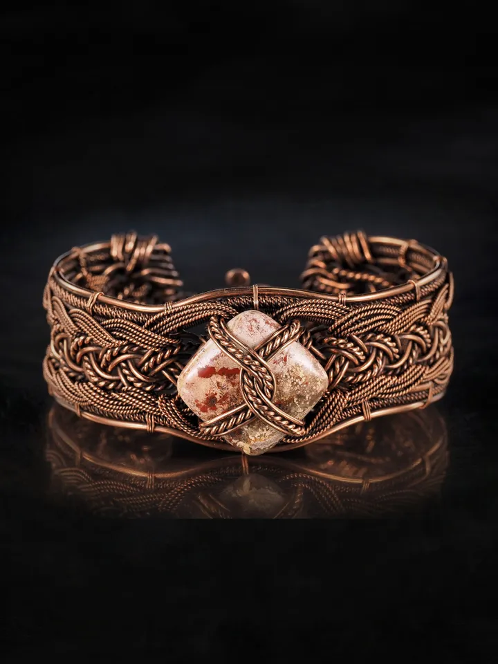 Copper wire wrapped jasper bracelet Unique woven copper wire bangle