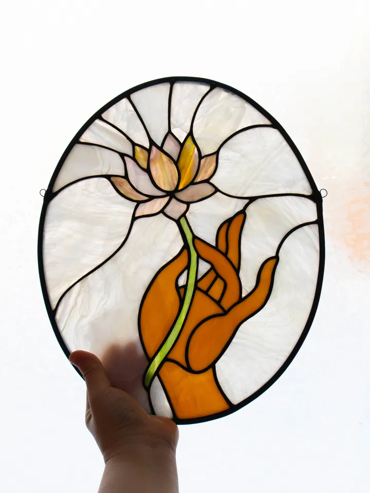 Stained glass window panel, Panel with lotus, Suncatcher, Home décor