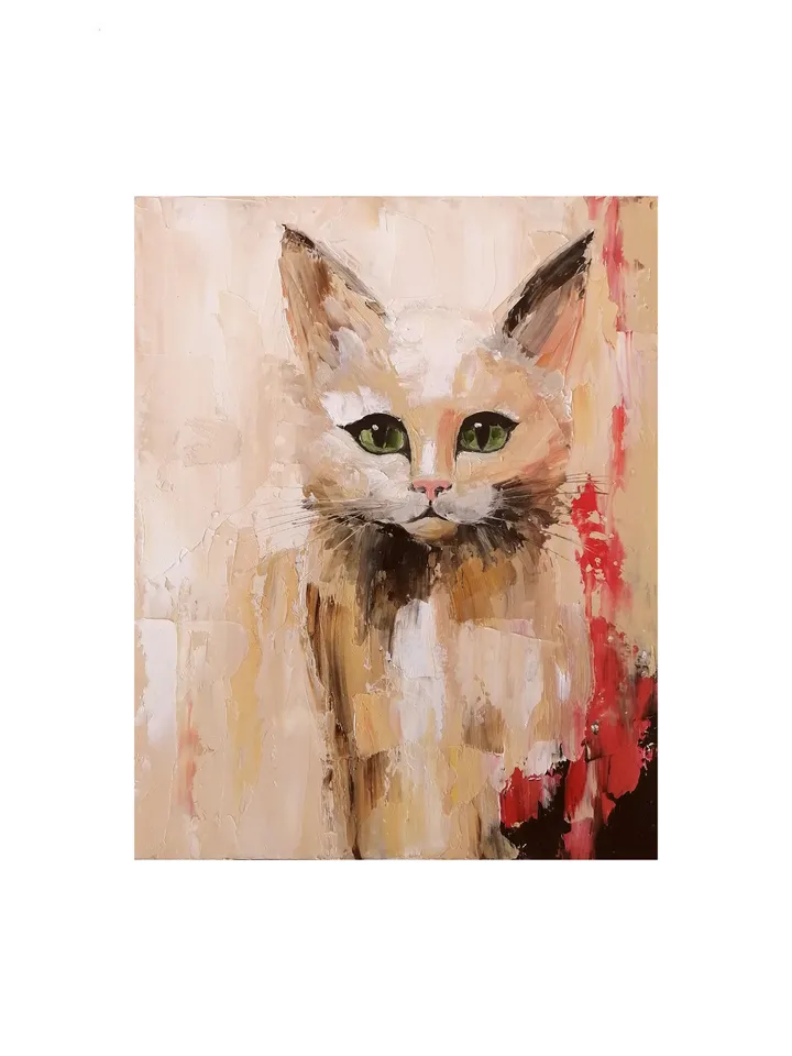 Beige Cat Original Oil Painting Abstract Cat Artwork