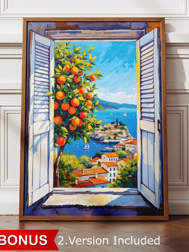 Matisse Artwork Open Window Coastal View Painting Orange Tree Scene Coastal Mediterranean View Fauvist Seaside Art trendy Download HMS4