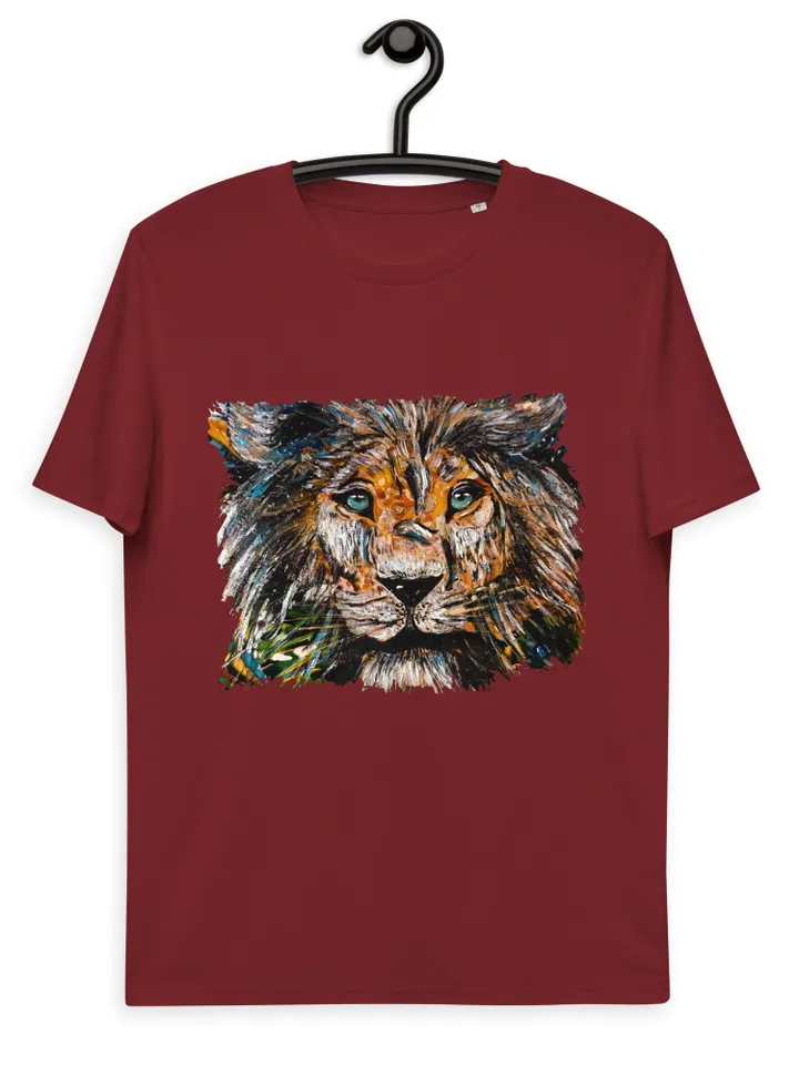Unique design Lion Unisex organic cotton t-shirt made from  my original mix media artwork on glass,wild animals t shirts, wearable art gifts