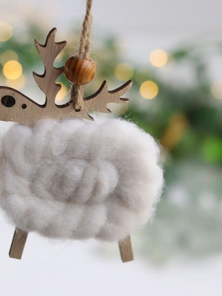 Christmas reindeer ornament wood/wool decor Winter Festive hanging deer decoration