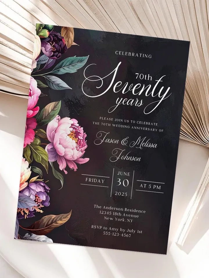 70th Anniversary Party Invitation, 60th, 50th, 40th, 30th, Moody Burgundy & Blush Peony Floral Canva Template 5x7 birthday evite