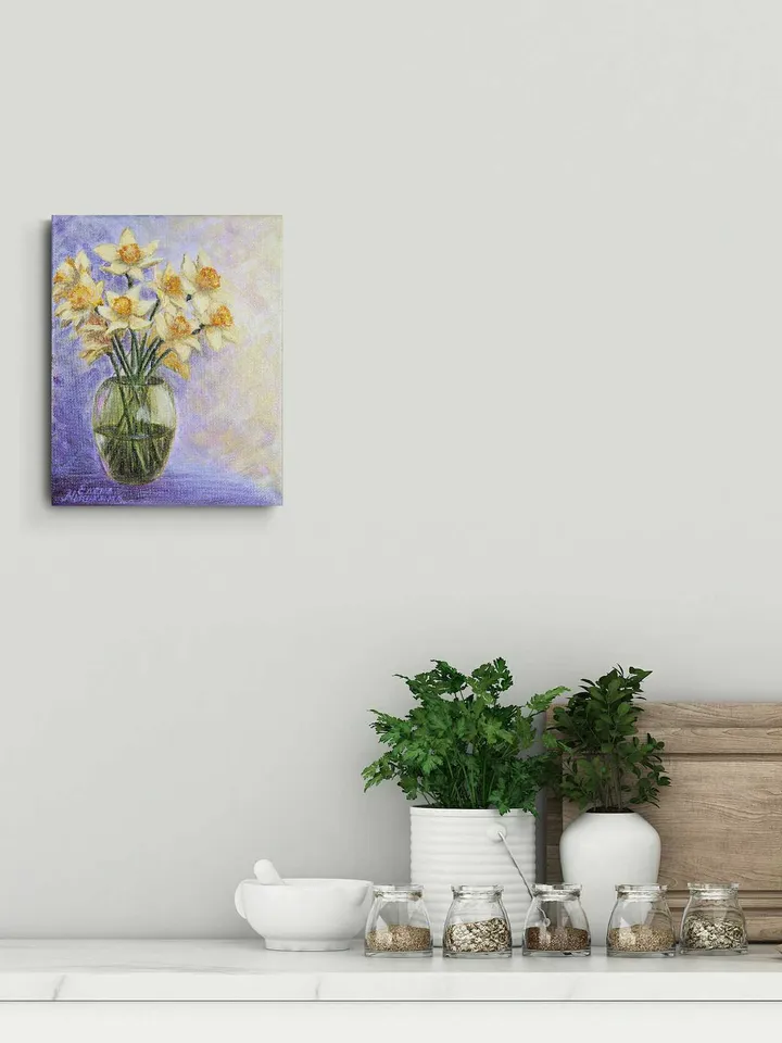Painting with daffodils, Daffodils in a vase painting, Acrylic painting, Painting with flowers, Flowers painting, Daffodils art.