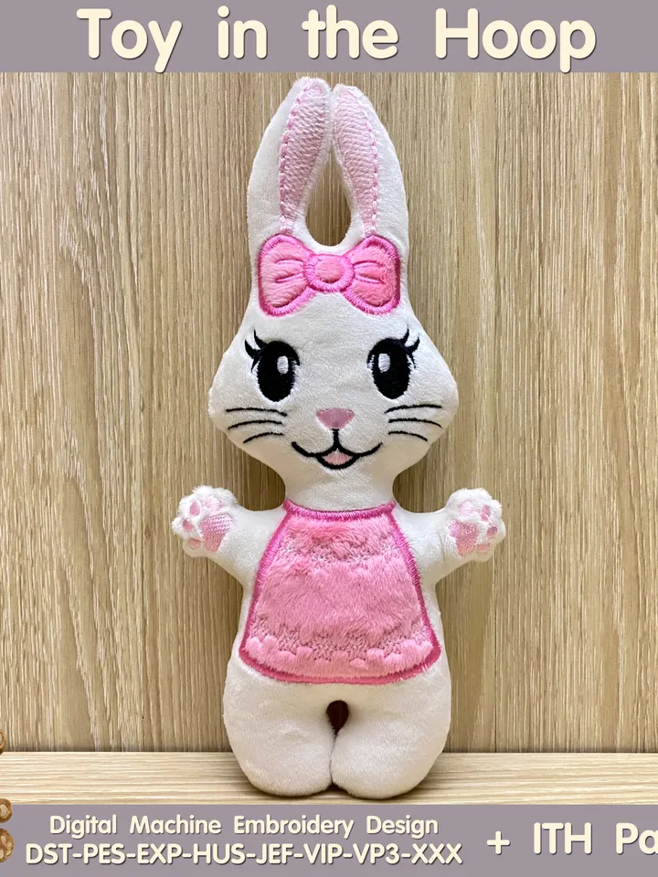 In The Hoop Machine Embroidery design ITH Easter Bunny with Bow Rabbit Stuffed Toy Easter decor  ITH Pattern. Included 3 sizes!