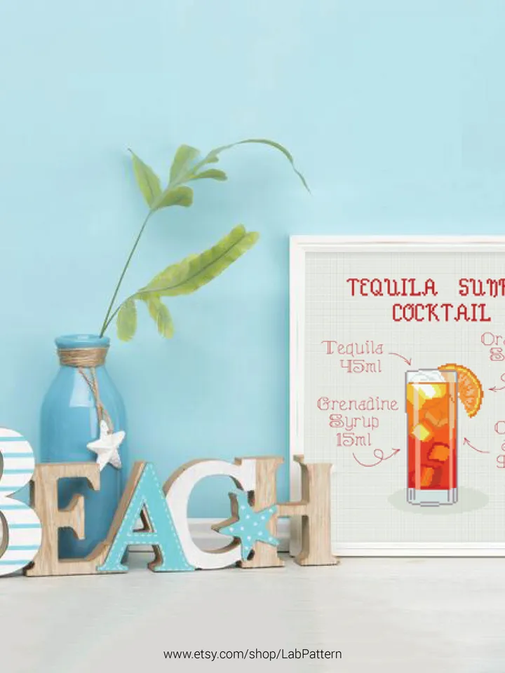 Tequila Sunrise Cocktail Cross stitch pattern | Embroidery Pattern | Instant Download | Embroidery Designs