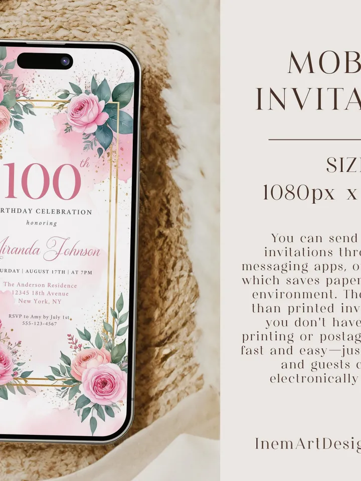 100th Birthday Invitation for Women – Pastel Dusty Pink Floral & Gold, Elegant Printable Party Invite for Grandma or Mom, Canva Template
