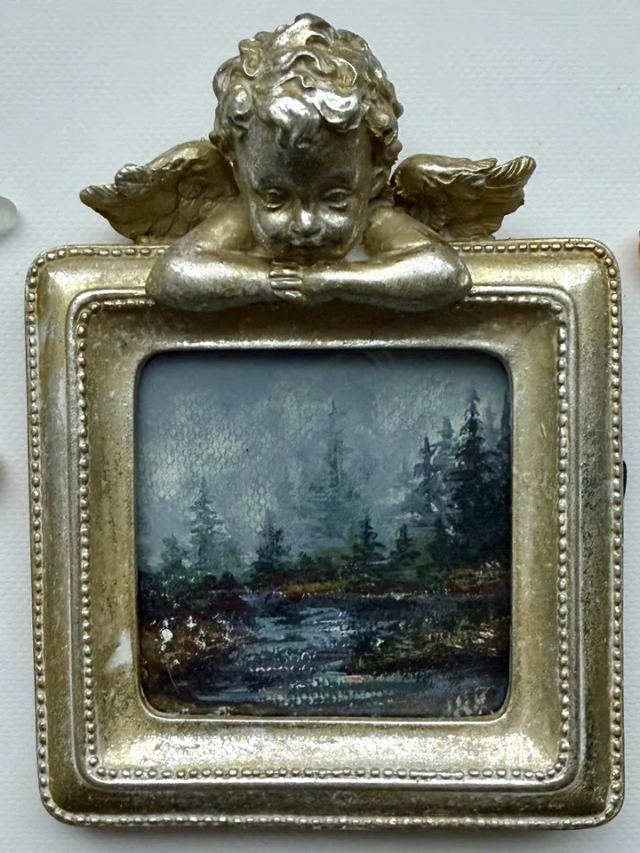 Small Landscape Painting Framed Original Foggy Cliff Painting Antique Misty Art Coastal Gold Frame Tiny Paintings 4 x 4 Art Victorian artwork