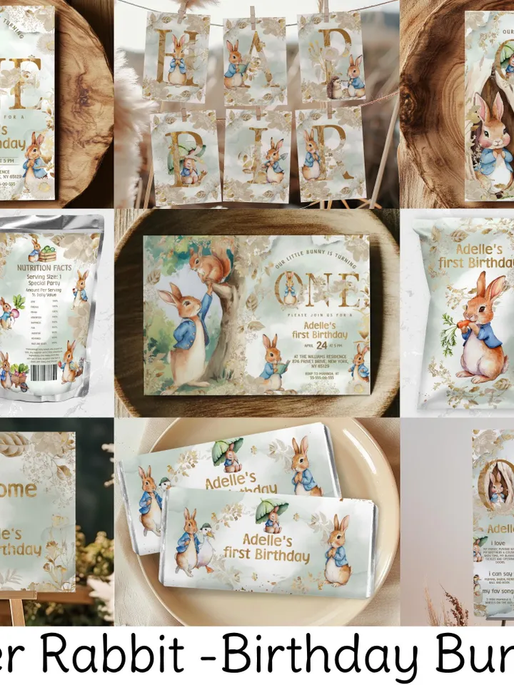 DIY Editable Baby Birthday Template large Bundle for Peter Rabbit party theme invitation banners labels milestone pr888
