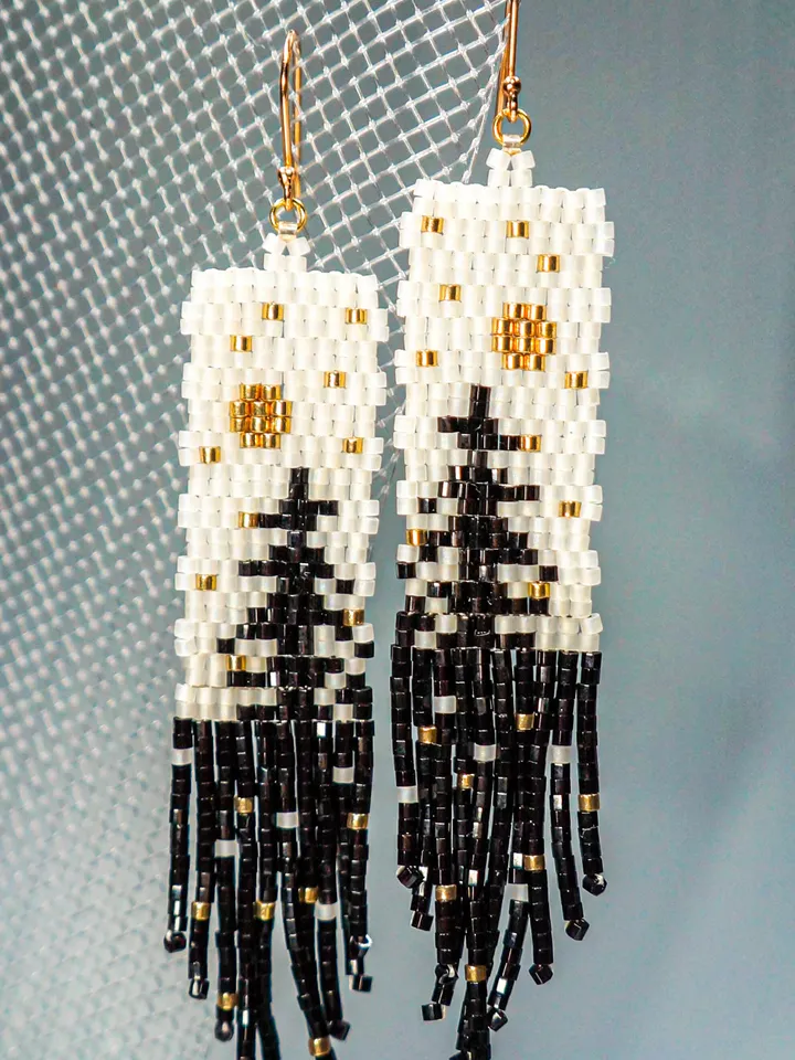 Trees-Patterned shiny black pine Japanese Bead and sterling Silver Earrings A Fusion of Elegance and Nature