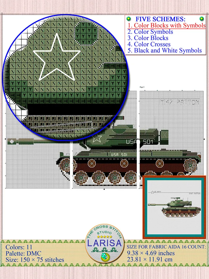 M47 Patton Cross Stitch Pattern | Patton Tank Chart | American War Machine