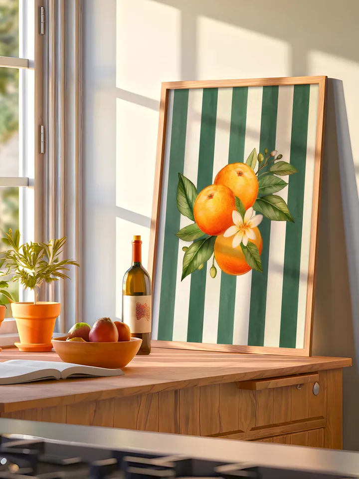 Orange Wall Decor, Orange Fruit Poster, Farmhouse Kitchen Art Painting, Kitchen Prints, Trendy Food Art, Retro Kitchen Art, Fruit Wall Decor