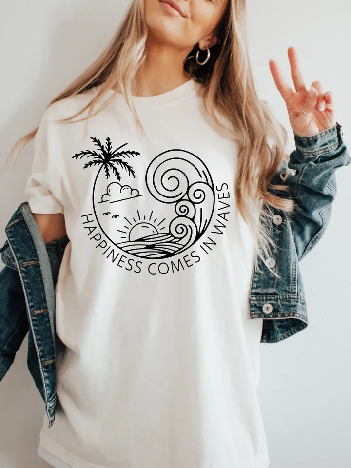 Happiness Comes in Waves SVG, Summer Shirt Svg, Positive Svg, Waves Svg, Beach Svg, Summer Vacay Vibe svg, Png