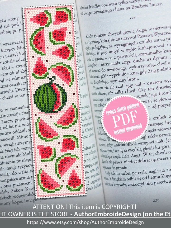 Bookmark watermelon cross stitch pattern PDF download Summer bookmark for kids, Easy handmade bookmark cross stitch Watermelon design #B128