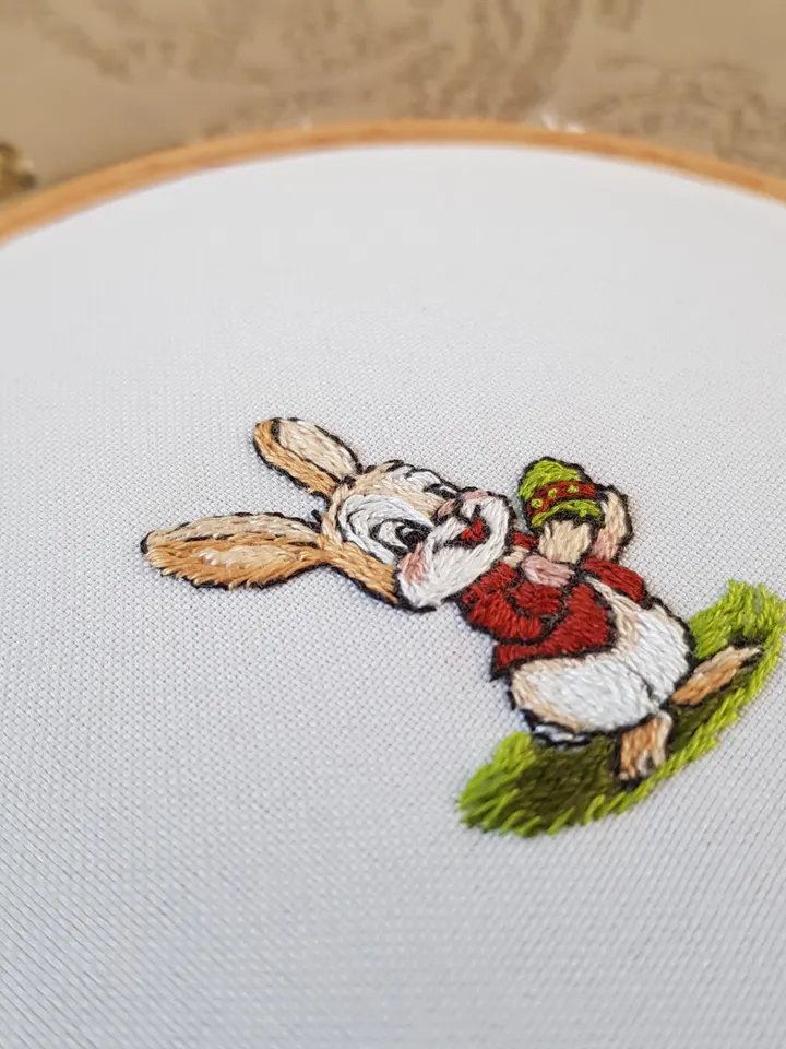 Hand embroidery Easter egg with bunny DIY, easy embroidery step by step tutorial pattern pdf