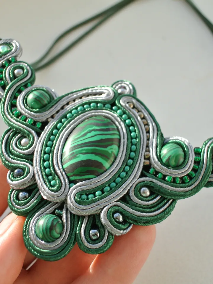 Malachite Green Statement Necklace, Soutache embroidered necklace with natural stone