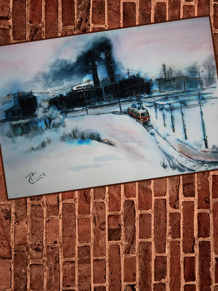 Watercolor painting Tram life. Industrial landscape 21x30 cm (8,3x11,6 inches)