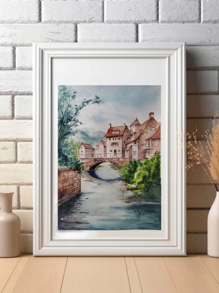 Original Watercolor Painting English Landscape Art CozyTown Artwork 30x40 cm by SoftWaves